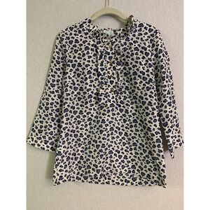 Devon Baer Silk Blouse Womens S Blue Leopard Ruffle Neck Gold Button Tunic Chic